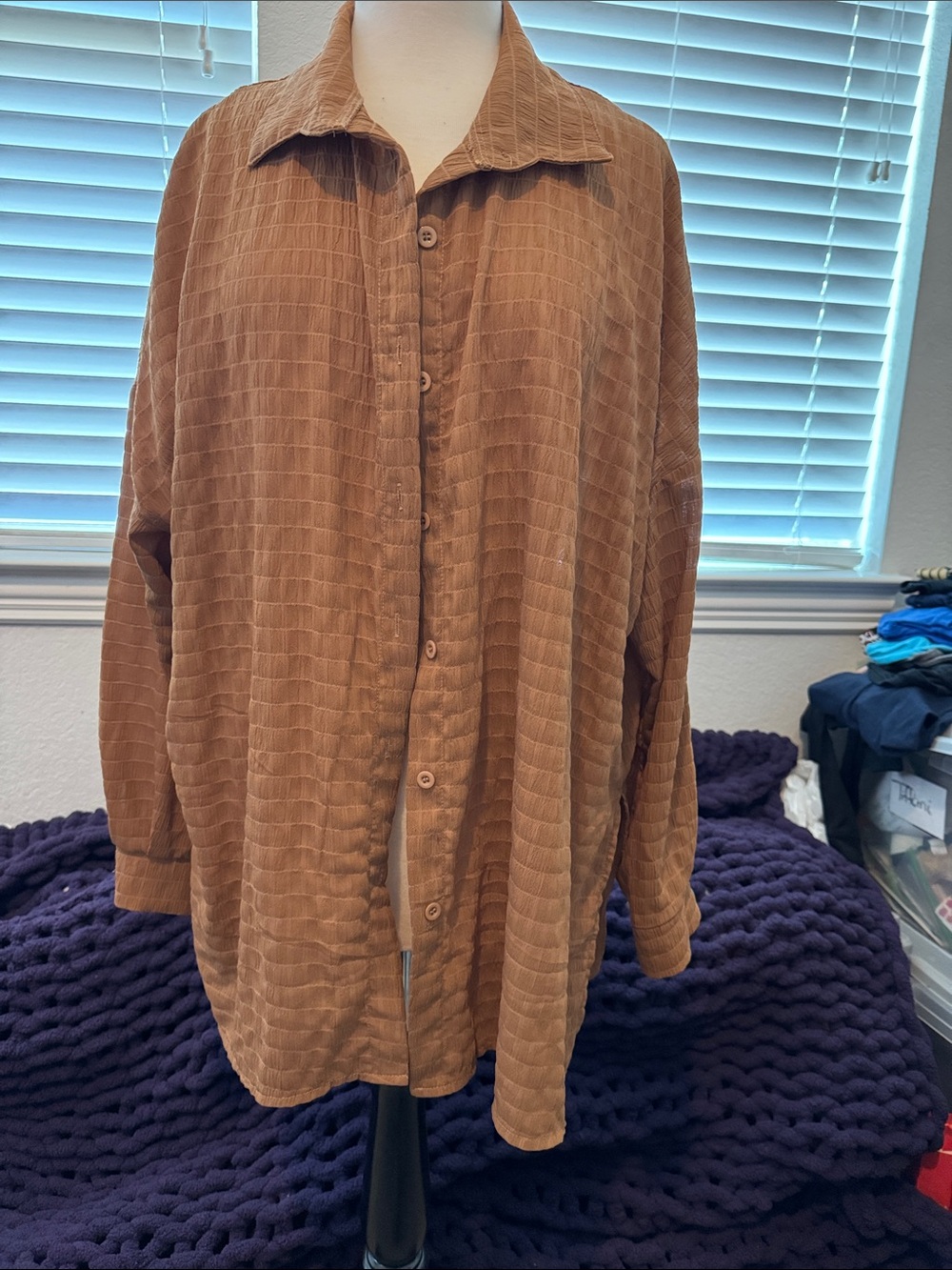 SHEIN Brown Textured Gauze Button-Up Shirt